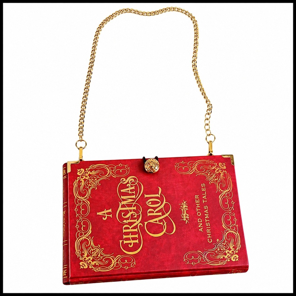 Bookarelli Christmas Carol Book Clutch Gold Chain Shoulder Bag Purse Red Holiday